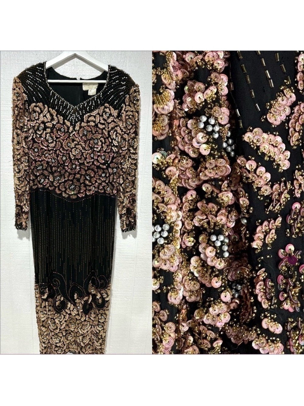 Landa silk vintage embellished beaded long sleeve formal gown size 14